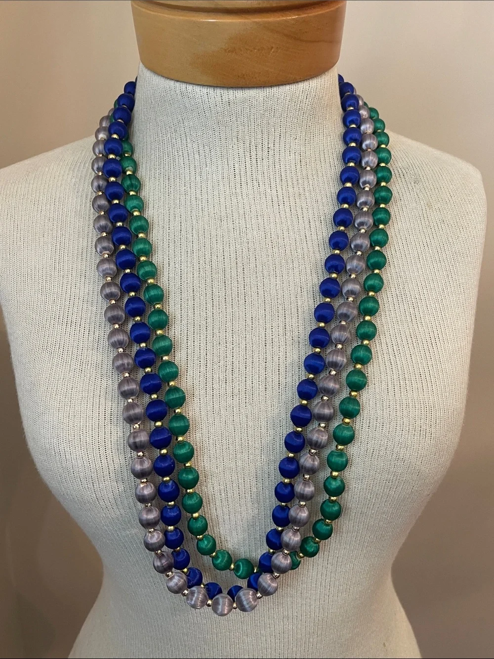 Vintage 3 Necklaces with Spun Silk Satin Beads Gold Tone Spacers 30 In. Approx